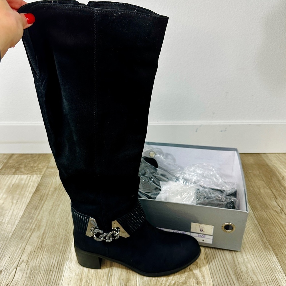 NWT Nancy Li Mid-Calf Sueded Boots with Silver Buckle